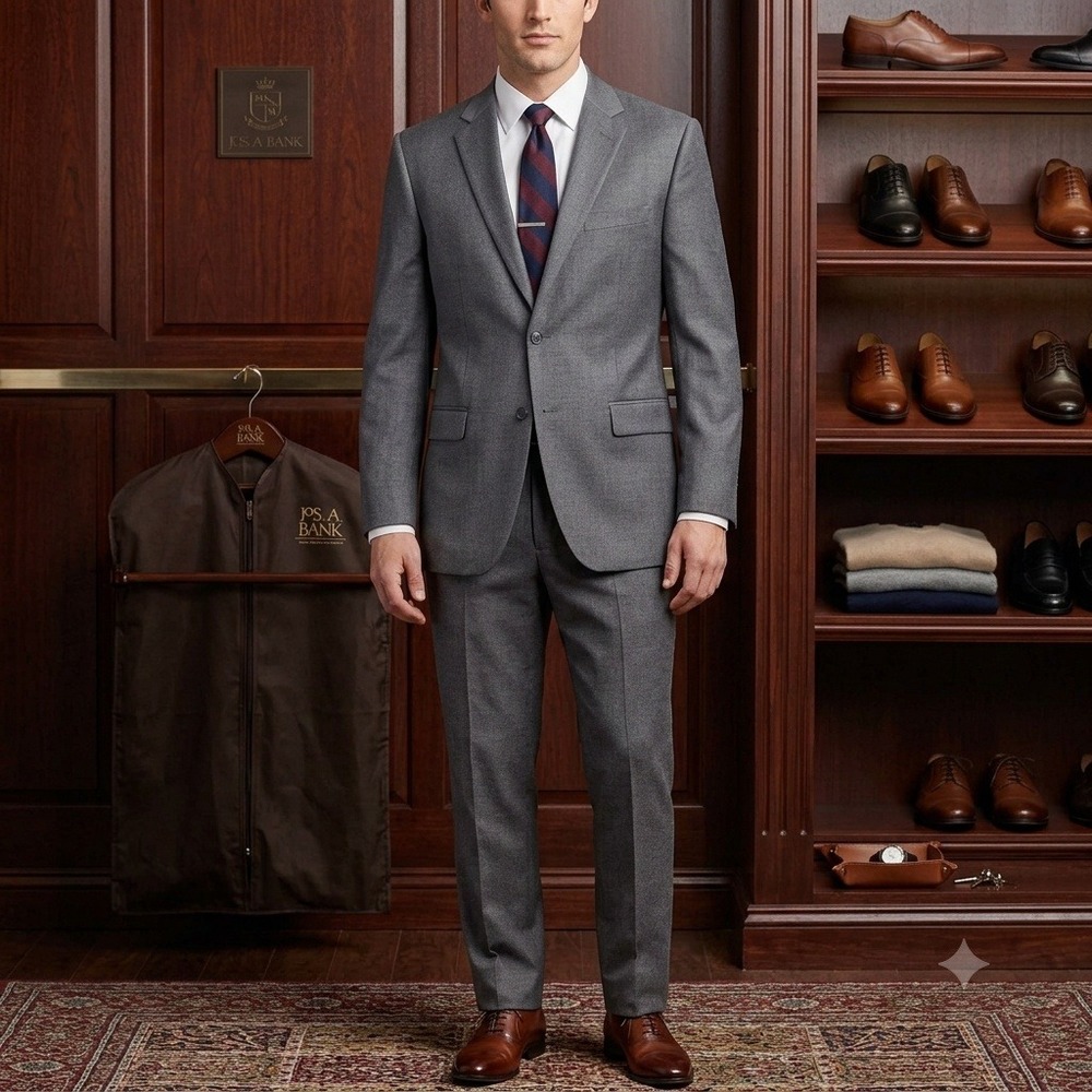 Jos. A. Bank Joseph Suit Men 41R 34W Gray Slim Fit 100% Wool 2-Piece Flat Front